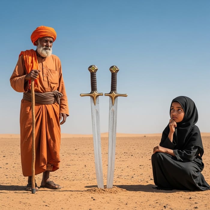 Remote Sandy Landscape with Zulfiqar Sword, Elderly Man, and Girl in Black Hijab Remote Sandy Landscape with Zulfiqar Sword, Elderly Man, and Girl in Black Hijab