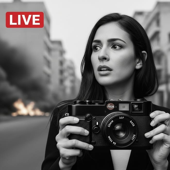 Courageous Hispanic Female Reporter Amidst City Havoc | Photojournalism Courageous Hispanic Female Reporter Amidst City Havoc | Photojournalism
