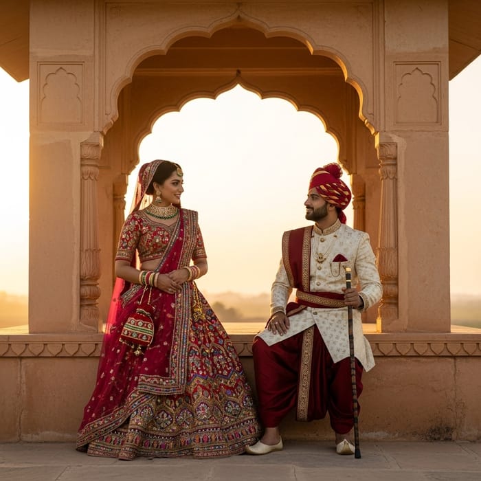 Romantic Rajasthani Couple Conversation Under Jharokha Romantic Rajasthani Couple Conversation Under Jharokha