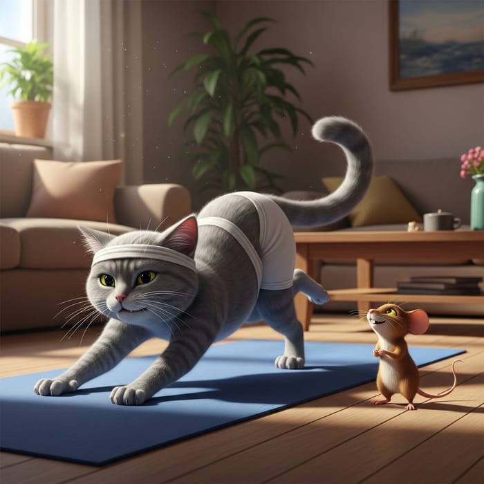 Tom and Jerry Yoga Fun: Playful Cat and Mischievous Mouse in Living Room
