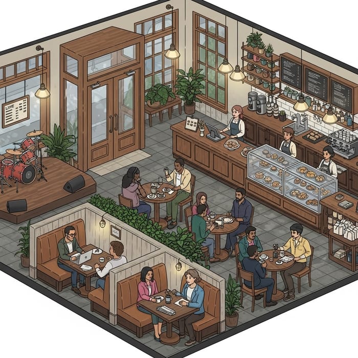 Cozy Rustic-Themed Cafe Layout with Diverse Customers and Live Music Events Cozy Rustic-Themed Cafe Layout with Diverse Customers and Live Music Events