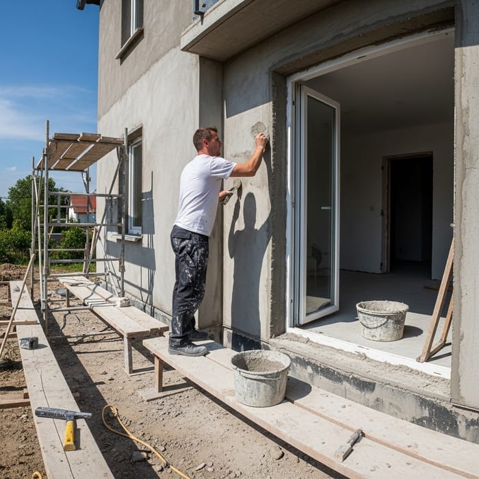 Documentary Construction Photography: House Exterior Worker Plastering Documentary Construction Photography: House Exterior Worker Plastering