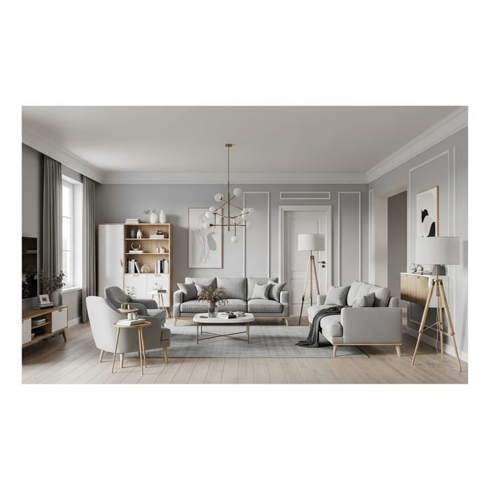 Contemporary Living Room Design | Light Grey & Beige Decor | 6x4m Size