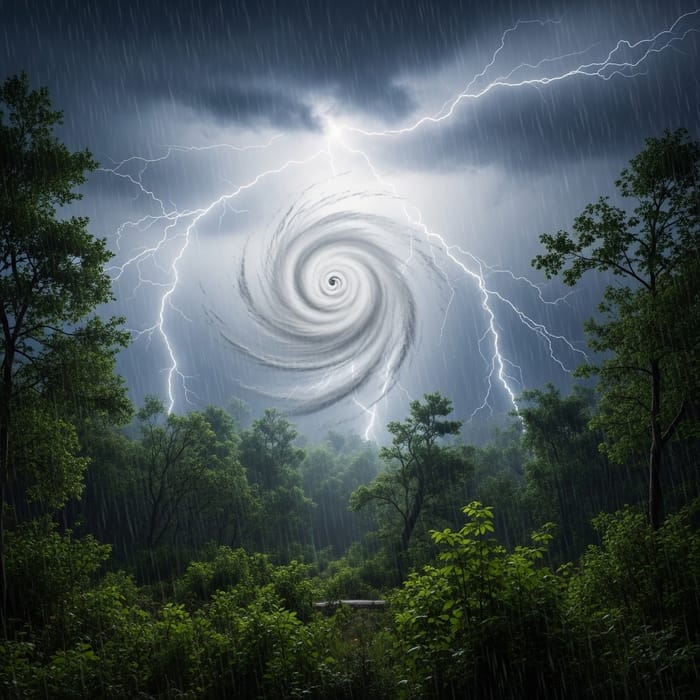 Intense Thunderstorm and Hurricane Amidst Forest