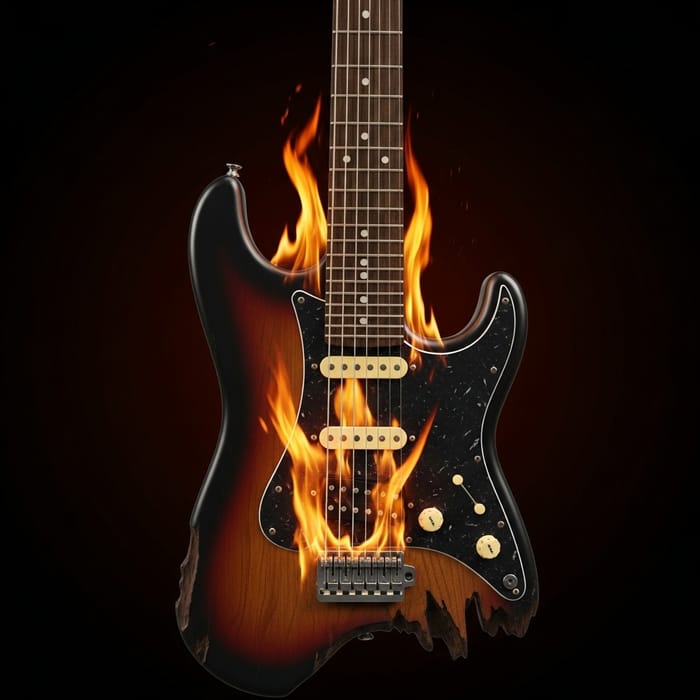 Burned broken electric guitar - Destruction and passion Burned broken electric guitar - Destruction and passion