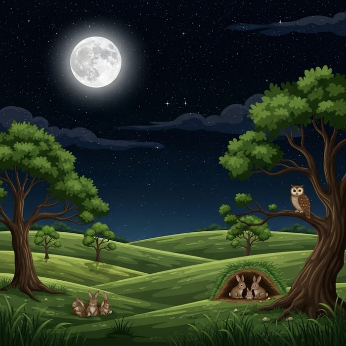 Peaceful Night with Twinkling Stars and Full Moon
