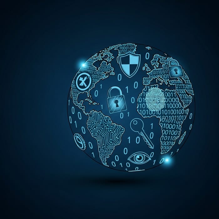 Planet Featuring Information Security Symbols on Dark Blue Background Planet Featuring Information Security Symbols on Dark Blue Background