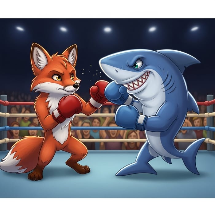 Cartoon Fox Vs Shark: Playful Boxing Match in Traditional Ring Cartoon Fox Vs Shark: Playful Boxing Match in Traditional Ring