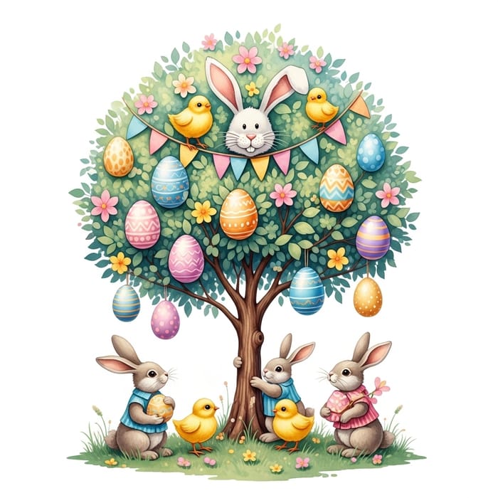 Whimsical Easter Tree with Colorful Eggs and Playful Animals