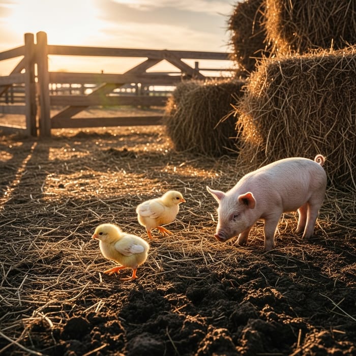 Baby Chick and Piglet in Rustic Farm Setting Baby Chick and Piglet in Rustic Farm Setting