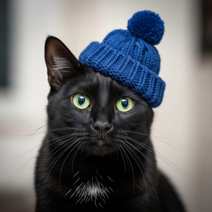 Black Cat with Green Eyes and Blue Hat Black Cat with Green Eyes and Blue Hat