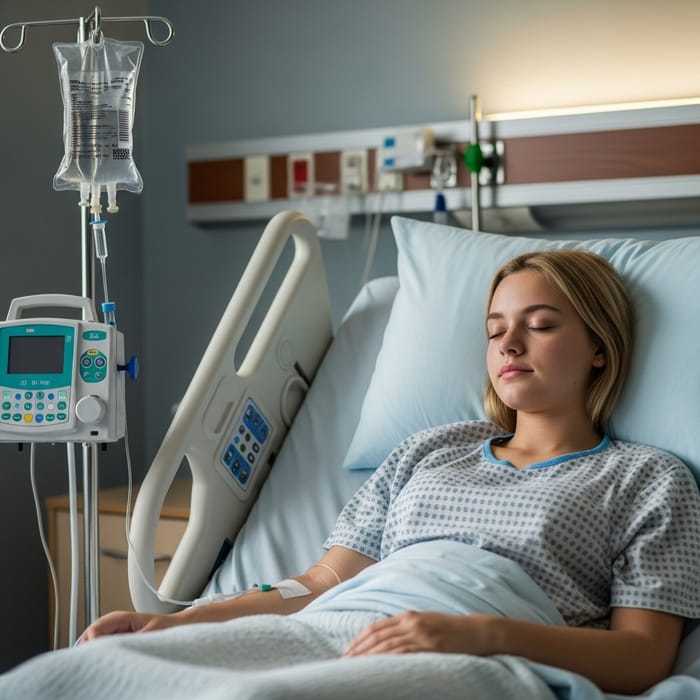 Serene Teen Girl in Hospital Bed with IV | Ambient Setting