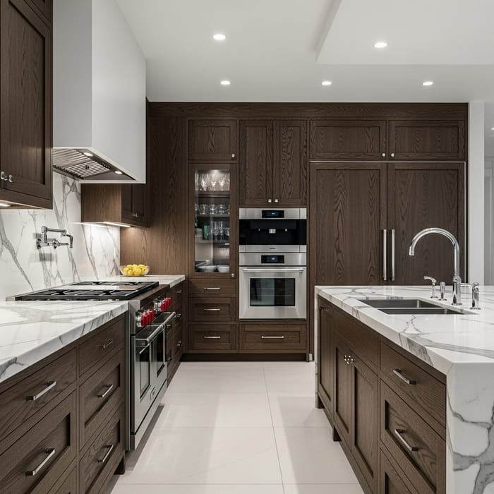 Exquisite Luxurious Kitchen with Oak Veneer Fronts & Marble Exquisite Luxurious Kitchen with Oak Veneer Fronts & Marble