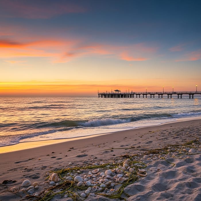 Vintage Seascape Sunset with Pier and Calm Sea Vintage Seascape Sunset with Pier and Calm Sea