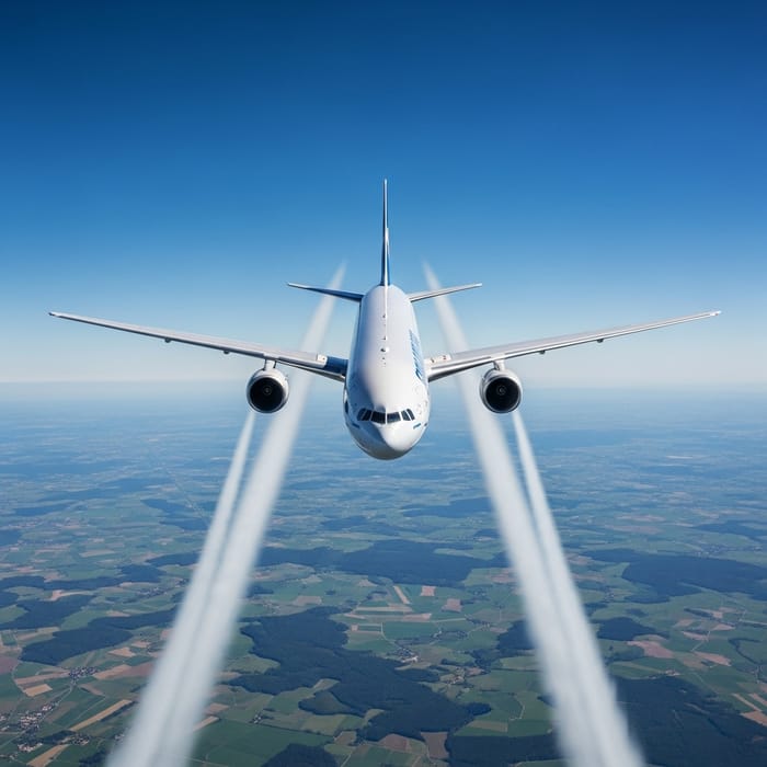 Jet Flying High in Blue Sky