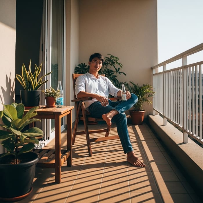 Cool Man Relaxing on Balcony Chair