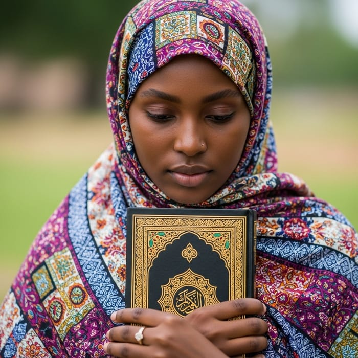 African Woman in Hijab Holding Sacred Al-Quran | Serene Devotion