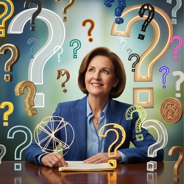 Thoughtful Politician Surrounded by Question Marks - Leadership Reflection