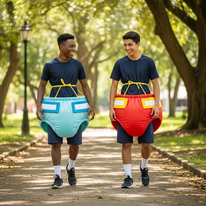 Hilarious Teen Boys in Diaper Costumes at Park