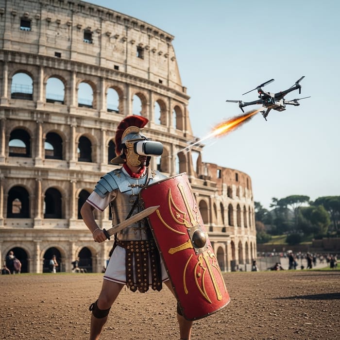 Roman VR Warrior at Colosseum with Shield, Sword, and FPV Drone Attack Roman VR Warrior at Colosseum with Shield, Sword, and FPV Drone Attack