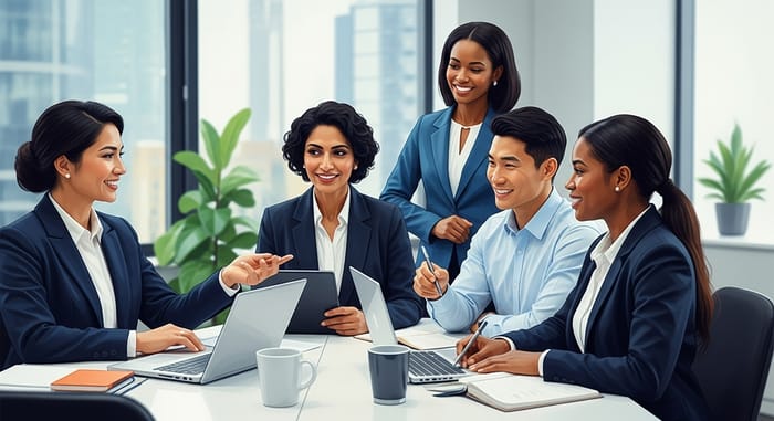 Professional Business Engagement Director Leading AI Strategy in Modern Office Setting