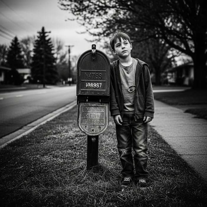 Moody Urban Scene: Boy by Weathered Mailbox in Vintage Black and White Moody Urban Scene: Boy by Weathered Mailbox in Vintage Black and White