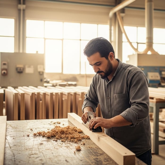 Middle-Eastern Woodworker in a Factory Crafting Timber