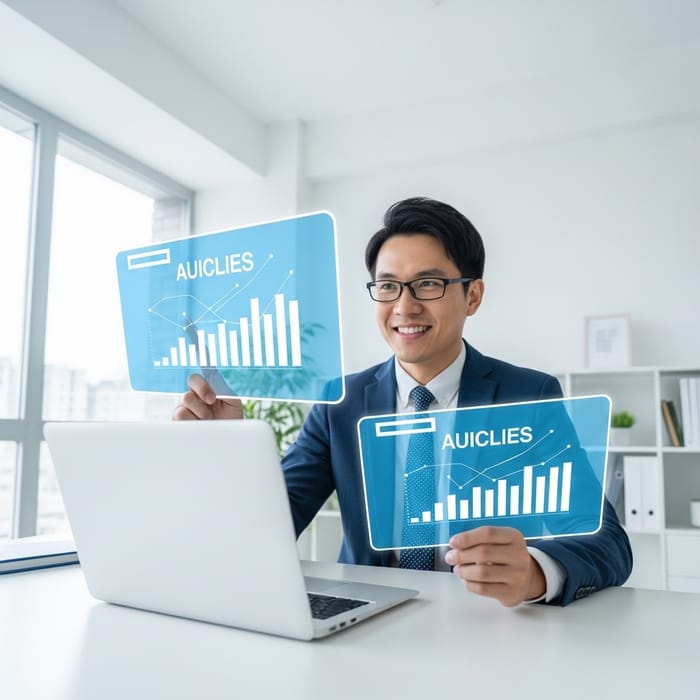 AI-Driven Asian Businessman in Modern Corporate Office