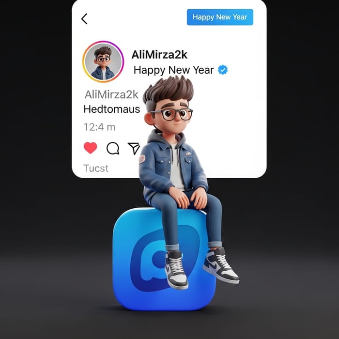 Unique 3D Animated Character Sitting on Social Media Logo | Happy New Year