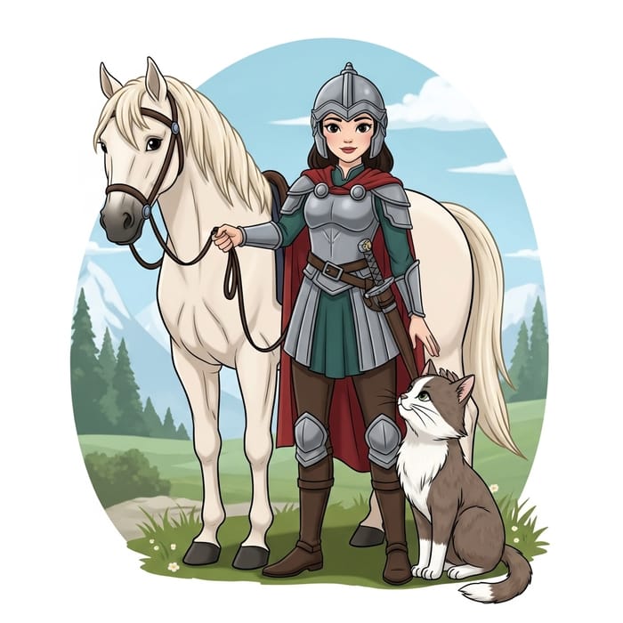 Warrior Princess: Disney-like Illustration with Majestic Horse & Fluffy Cat Warrior Princess: Disney-like Illustration with Majestic Horse & Fluffy Cat