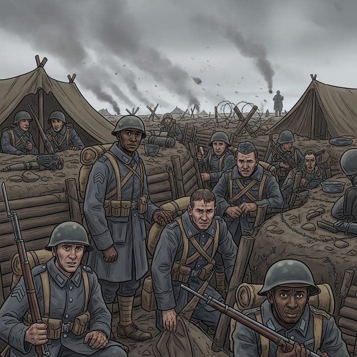 Diverse Soldiers in WW1 Trenches: A Historical Scene Diverse Soldiers in WW1 Trenches: A Historical Scene