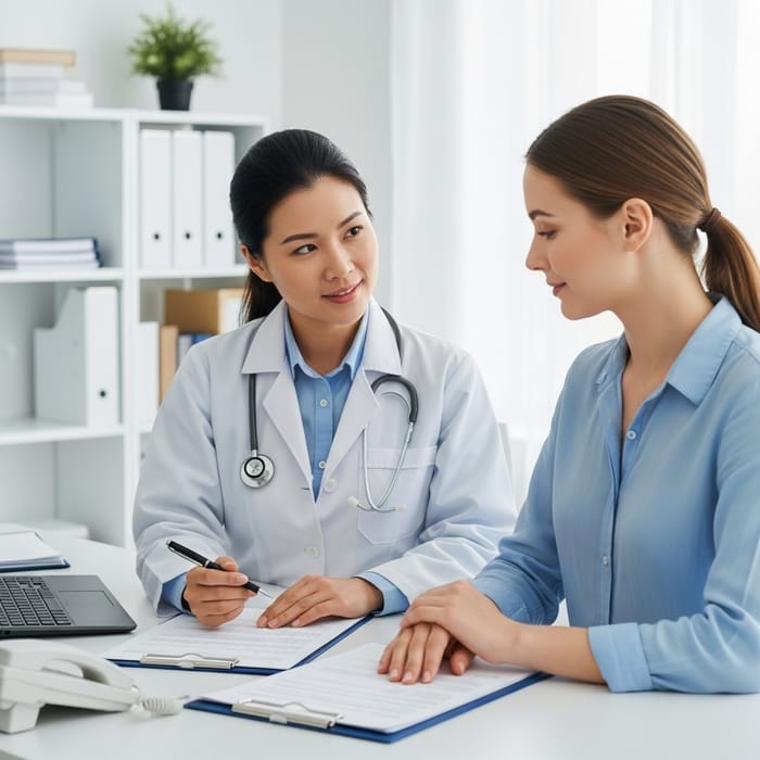 Professional Asian Female Doctor Discussing Medical Results with Caucasian Patient Professional Asian Female Doctor Discussing Medical Results with Caucasian Patient