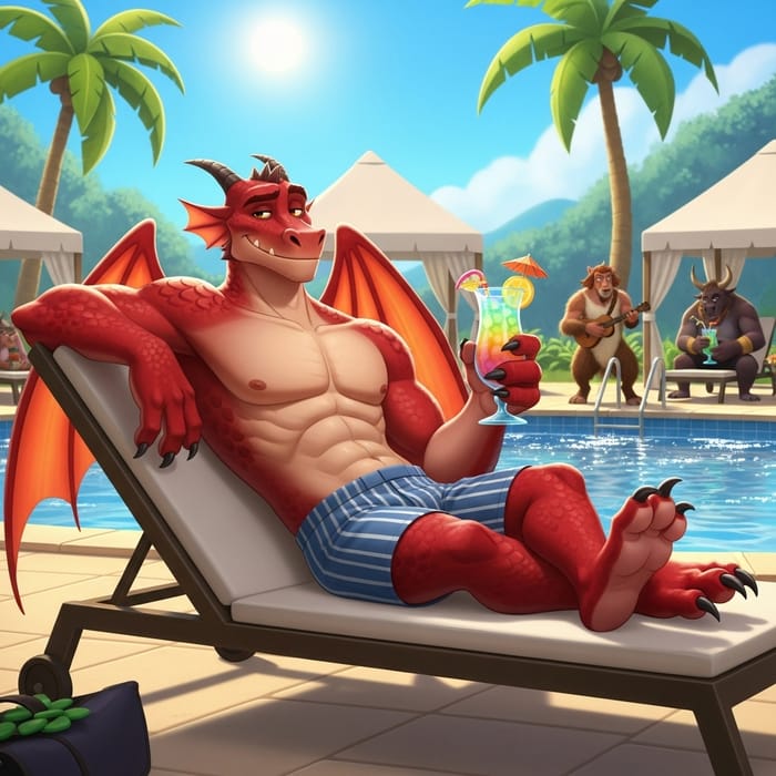 Male Dragon Demi-Human by Pool Relaxing in Casual Boxers Male Dragon Demi-Human by Pool Relaxing in Casual Boxers