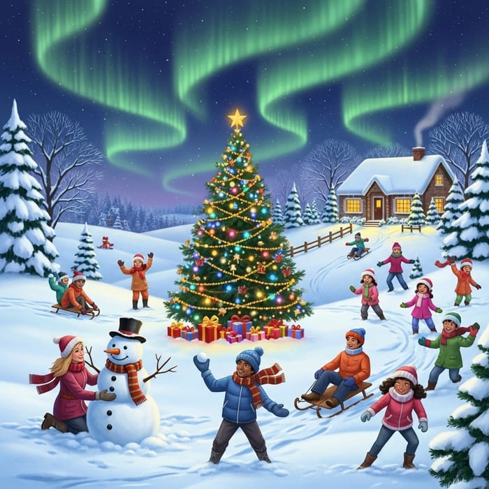 Cozy Christmas Illustration with Snow and Lights Cozy Christmas Illustration with Snow and Lights