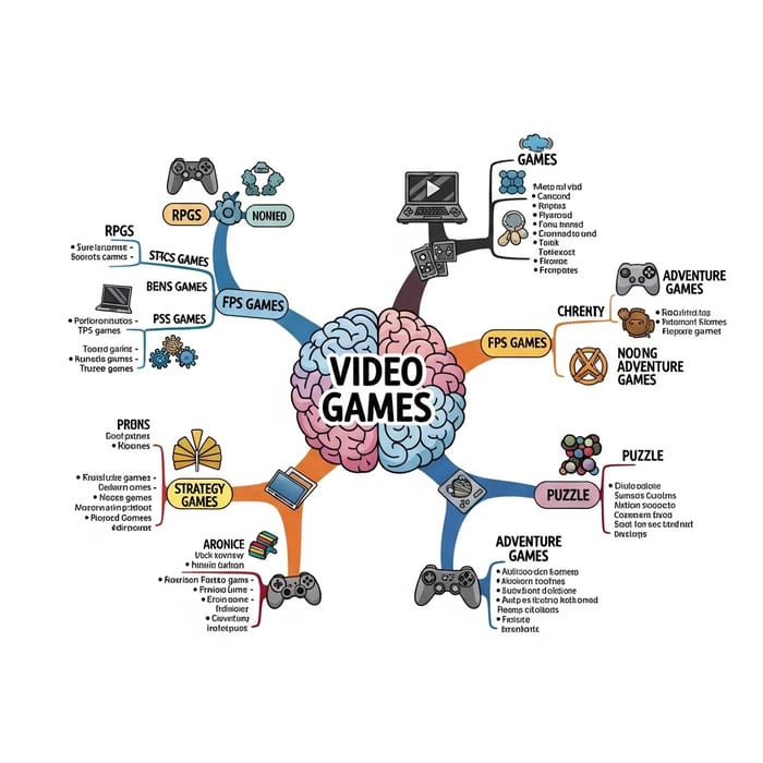 Video Game Mind Map: RPGs, FPS, Strategy, Adventure, Puzzle Games Video Game Mind Map: RPGs, FPS, Strategy, Adventure, Puzzle Games