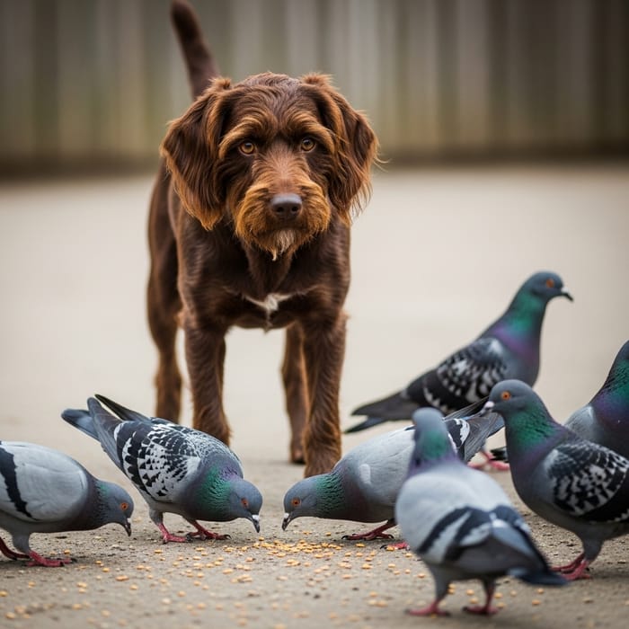 Pudelpointer Dog Playfully Watching Pigeons Pudelpointer Dog Playfully Watching Pigeons