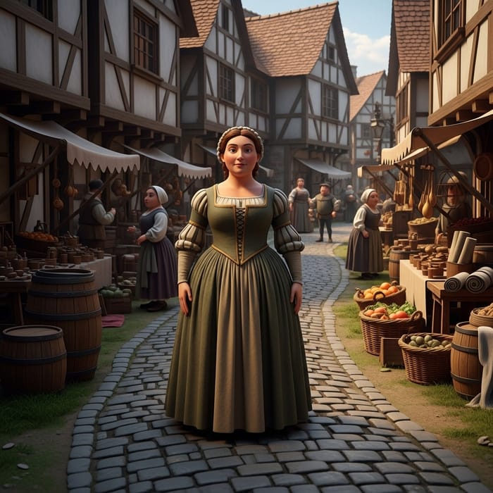 Breasted Woman in Medieval Village - Pixar Style