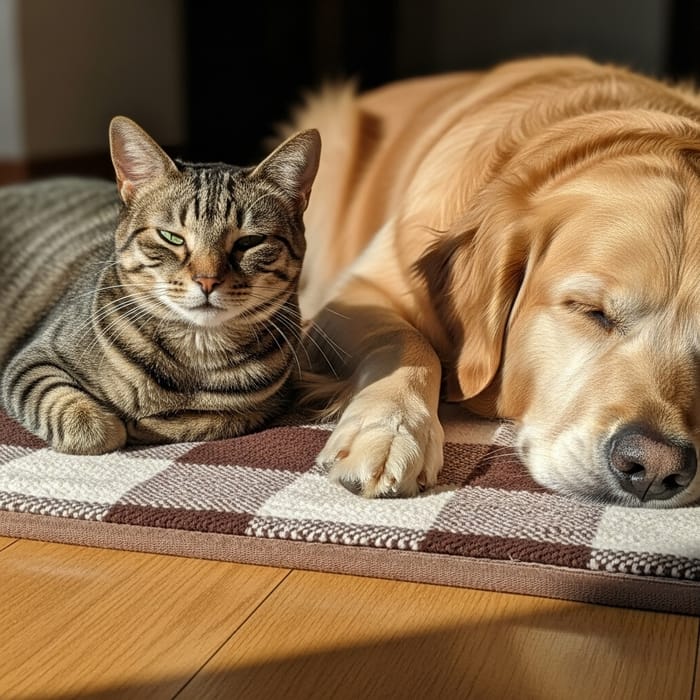 Sunny Cat and Dog Cuddle Together