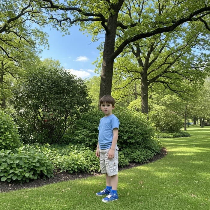 Adorable Boy in Casual Attire at Peaceful Park Adorable Boy in Casual Attire at Peaceful Park