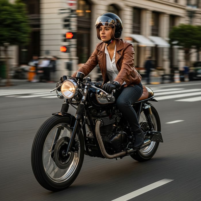 Young Attorney with Short Hair Riding Café Racer Motorcycle Young Attorney with Short Hair Riding Café Racer Motorcycle