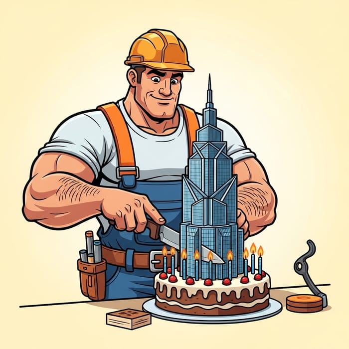 Muscular Cartoon Builder Celebrates with Skyscraper Cake