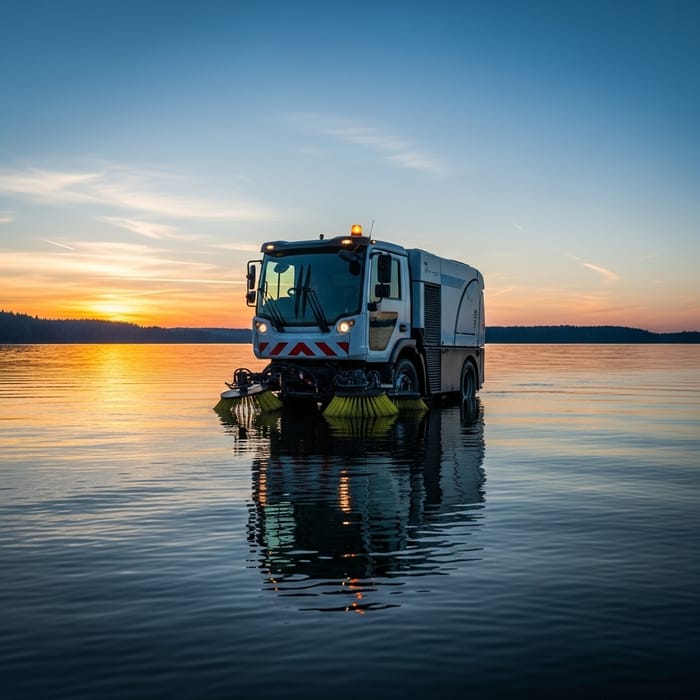 Tranquil Road Sweeper Floating on Serene Lake Tranquil Road Sweeper Floating on Serene Lake