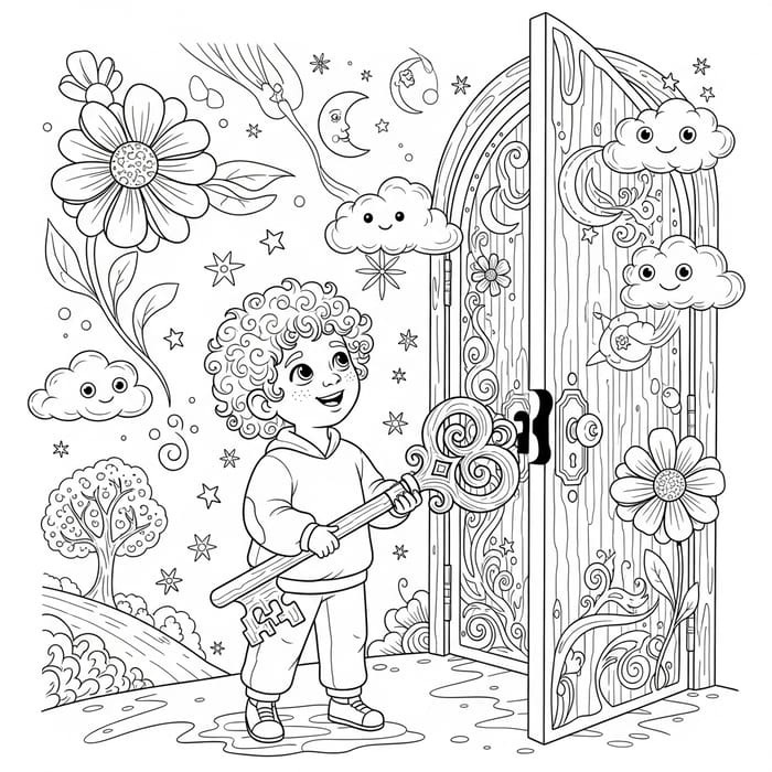 Child Unlocking Imaginary Door Coloring Page - Children's Fantasy