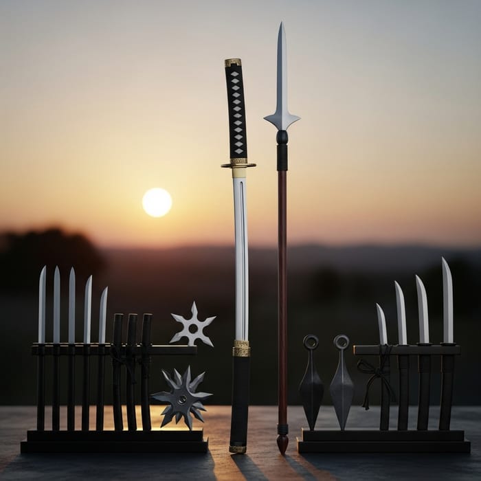 Samurai Katana and Spear with Shurikens & Kunai Samurai Katana and Spear with Shurikens & Kunai