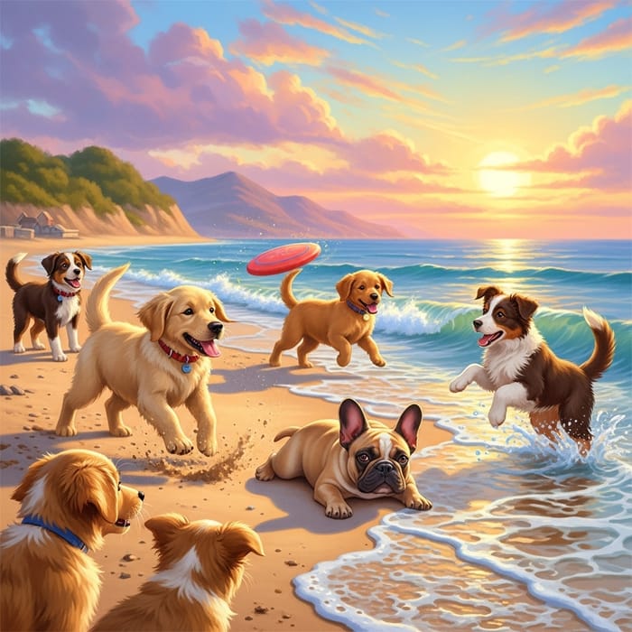 Playful Puppies on Seaside: Joyful Frolics in Soft Pastel Sunset Playful Puppies on Seaside: Joyful Frolics in Soft Pastel Sunset