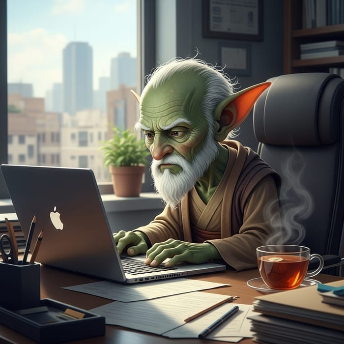 Yoda Working on Laptop in Office Setting Yoda Working on Laptop in Office Setting