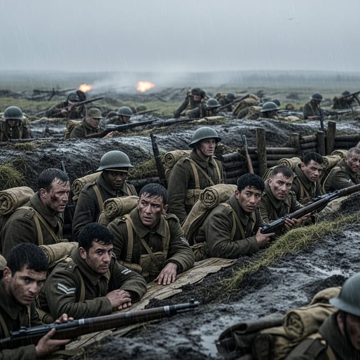 WW1 Soldiers in Rainy Trenches: Stunning Image