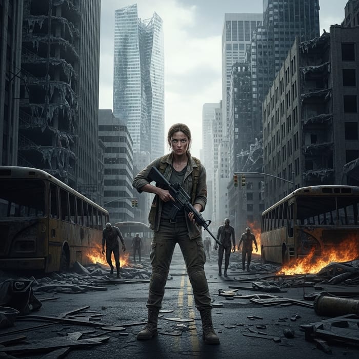 Courageous Female Survivor Battles Undead in Post-Apocalyptic Setting Courageous Female Survivor Battles Undead in Post-Apocalyptic Setting
