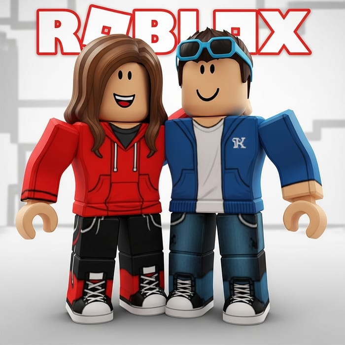 Roblox Couple in Stylish Red and Blue Outfits