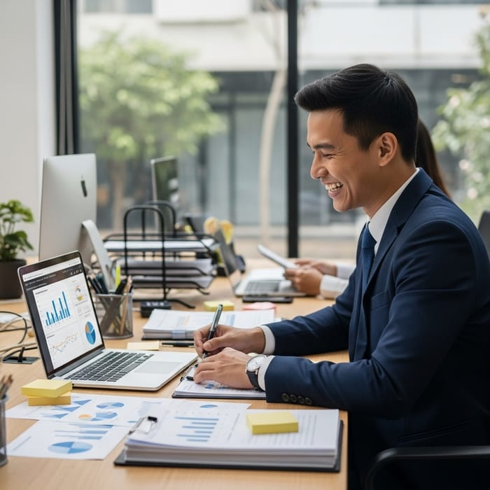 Joyful Asian Marketing Manager in Office Environment Joyful Asian Marketing Manager in Office Environment